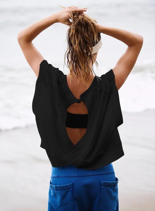 Kumufenc Women's Workout Shirts - Open Back Casual Yoga Tees | Slouchy Crop Athletic Tops