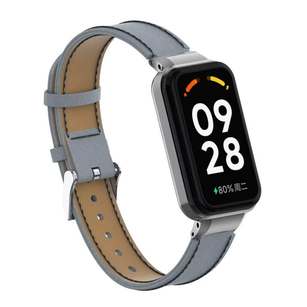 T-BLUER Compatible with Xiaomi Redmi Band 2 Bands,Leather Replacement Bracelet Strap Wristband Accessories with Metal Frame for Xiaomi Smart Band 8 Active,Grey