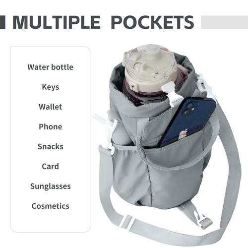 BAVELOE Water Bottle Holder with Strap Phone Pocket 32oz 40oz 64oz Tumbler Water Bottle Carrier Sling Bag Crossbody (Grey)