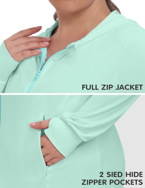 COOTRY Women's Plus Size UPF 50+ Sun Protection Jacket Lightweight Long Sleeve Zip Up Hoodie Cooling Sun Shirt Hiking Workout Green 4XL