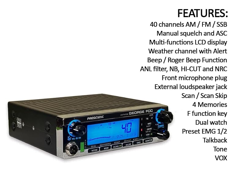 President CB Radio with FM/AM/SSB, Large LCD Weather Alert, USB, VOX, Scan Skip