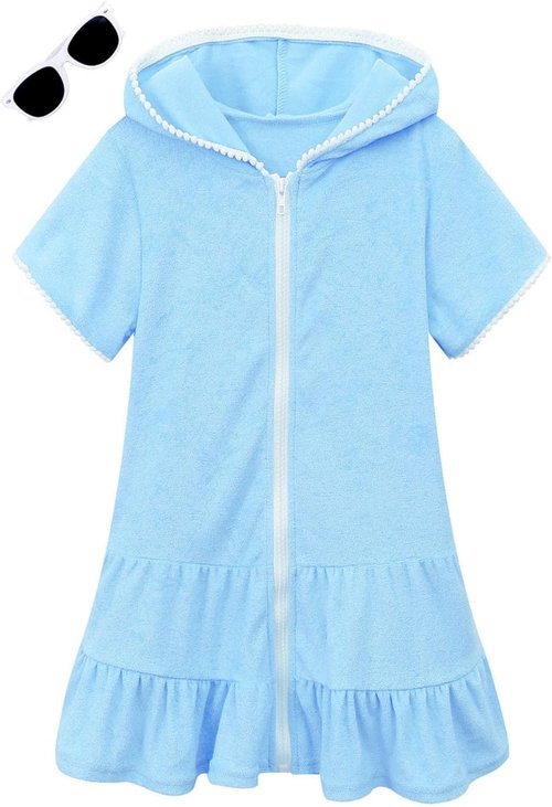 LUCKYGAL Girls Swim Cover-Up - Terry Zip-Up Bathing Suit Wrap with Sunglasses | Perfect for Beach Days