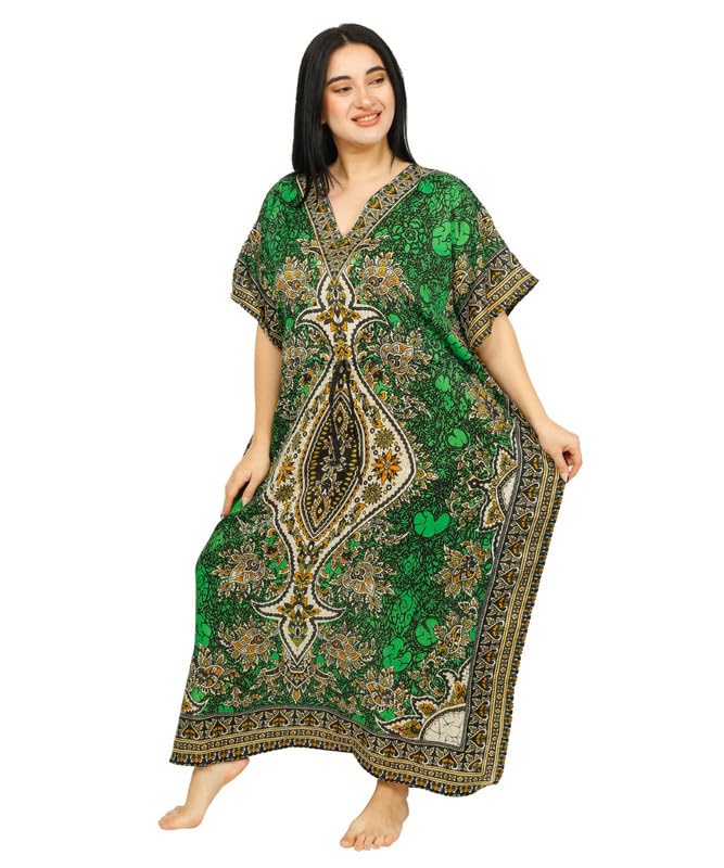Women's Long Kaftan Maxi Dress - Green, One Size Beach Cover Up