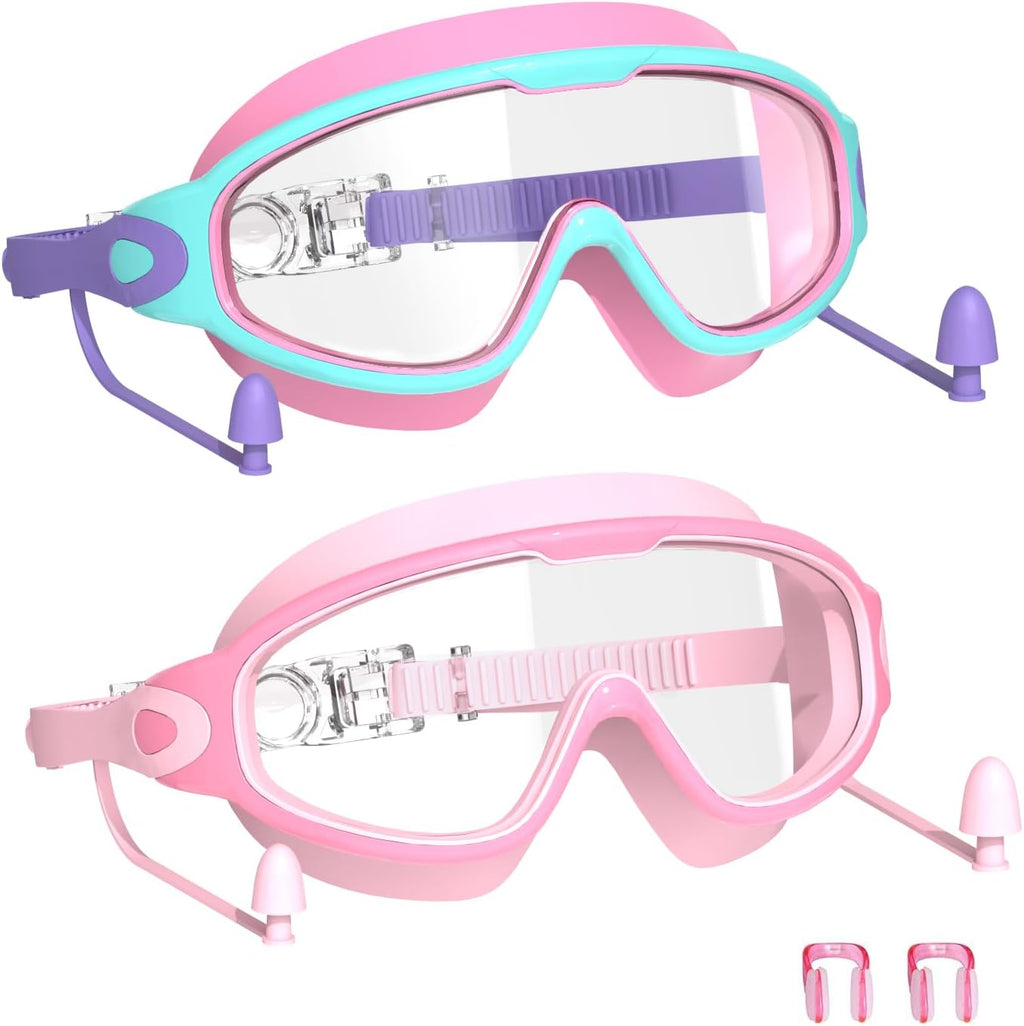 Skiennix Swim Goggles for Kids 3-15 - Anti-Fog UV Protection with Earplugs | Large Frame, 2PCS