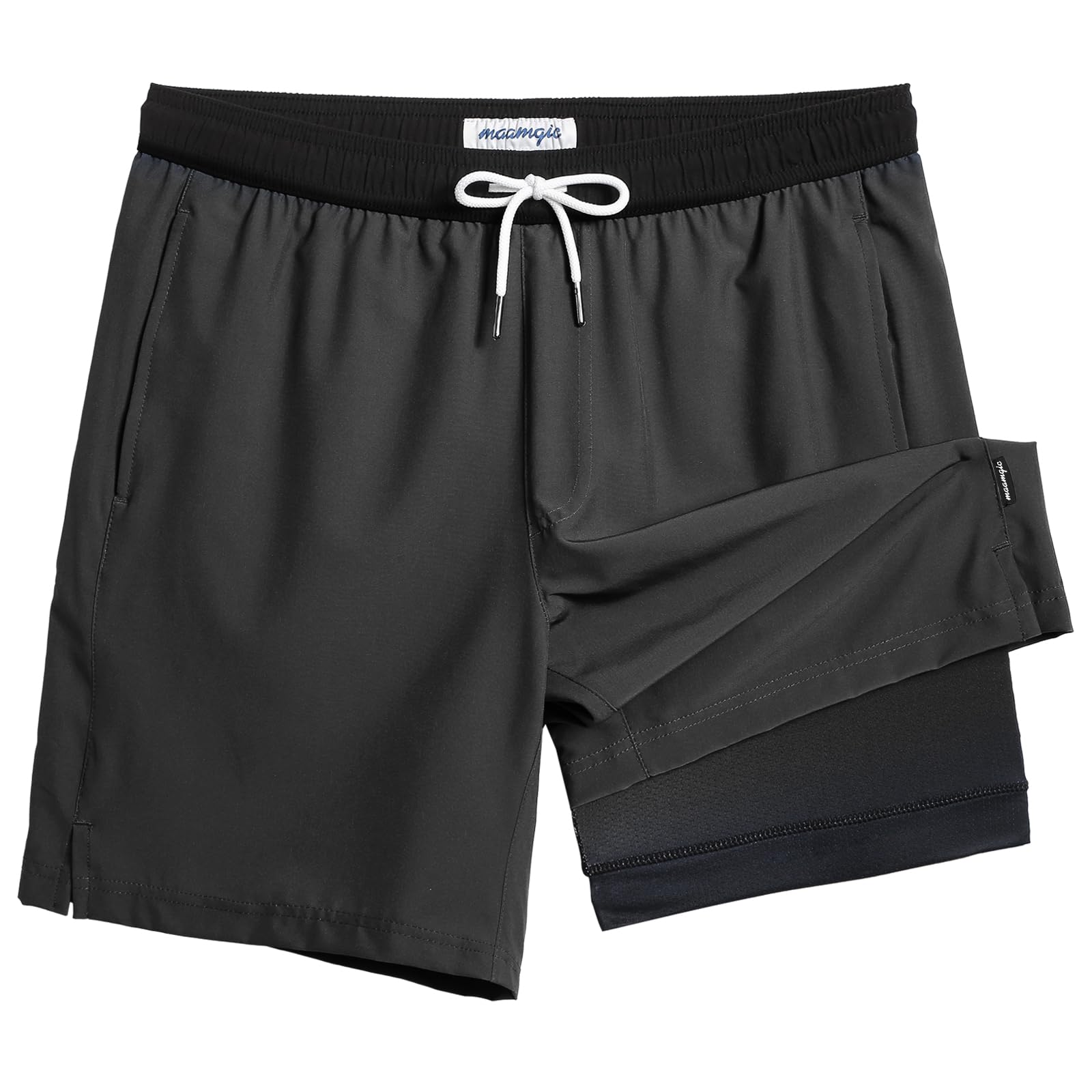maamgic Mens Swim Trunks with Compression Liner 7 Inch Inseam Mens Bathing Suit Quick Dry Swimming Trunks Swimsuit Dark Grey and Black Small