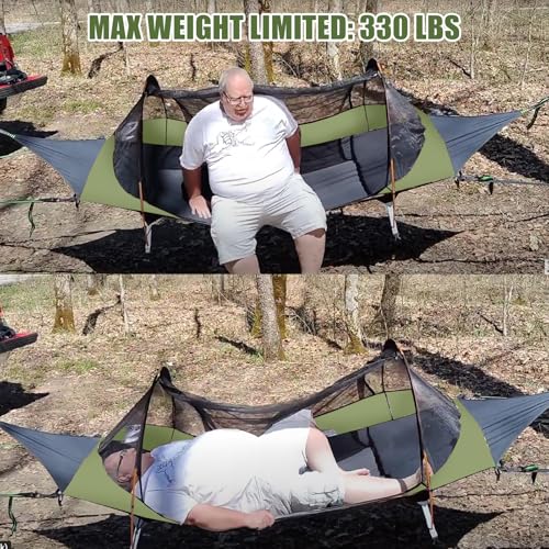 Night Cat Army Green Flat Lay Camping Hammock Tent with Mosquito Net & Rainfly, Supports 330LBS