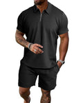GYMELITE Men's 2 Piece Short Sets Outfits Summer Polo Shirts and Shorts Casual Zip Short Sleeve Fashion Shorts Tracksuit Set(BK XL)