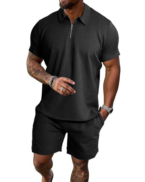 GYMELITE Men's 2 Piece Short Sets Outfits Summer Polo Shirts and Shorts Casual Zip Short Sleeve Fashion Shorts Tracksuit Set(BK XL)