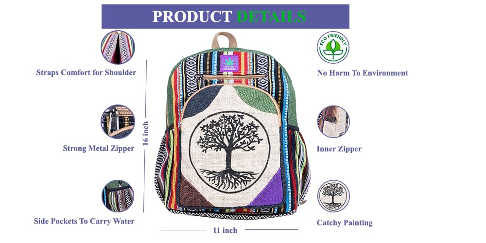 RARA Natural Handmade-Unique design and eco friendly Hemp Hippie backpack, very popular in FAIR TRADE. (Peace Tree), Medium