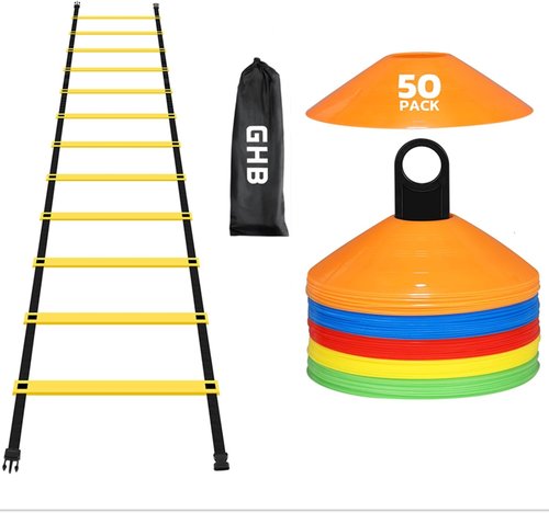 GHB Agility Ladder Set - 1 Agility Ladder with 50 Disc Cones & 2 Carrying Bags for Training