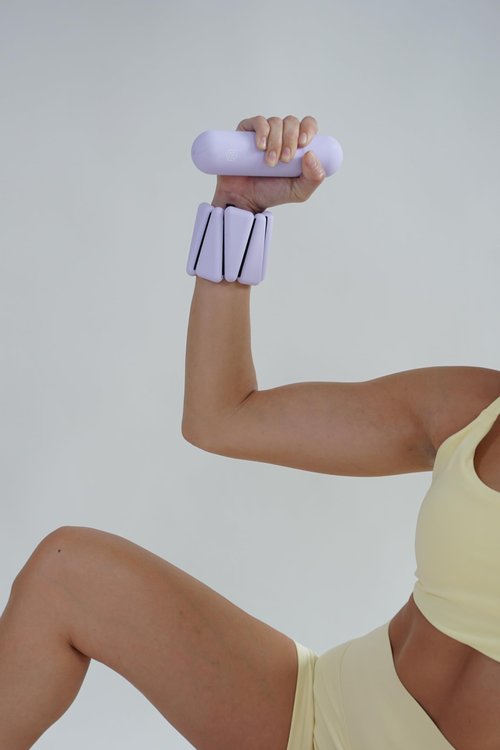 Vitality Vault Pilates Pro Power Pack - Workout Essentials - 2.2lb Hand Weights, 2.2lb Ankle Weights/Wrist Weights, Resistance bands, Pilates Ball, Canvas Tote Bag - For Beginners or Advanced - Home or Gym/Studio Use. (Lavender)