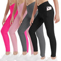 EXARUS 4 Pack Girls Leggings Kids Athletic Yoga Pants Crossover V Waist High Waisted with Pockets Compression for School Dance Black Grey Pink Hot Pink 10Y