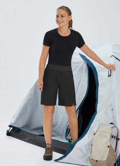 baleaf Women's Hiking Long Shorts 11" Quick Dry Hiking Bermuda Cargo for Curvy Lightweight Knee Length Shorts Pockets Black Size L