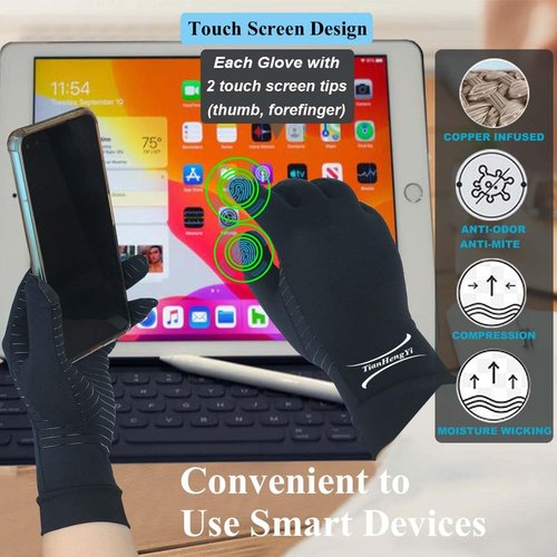 Tianhengyi 2 Pairs Copper Arthritis Gloves for Hand Pain, Full Finger Compression Gloves for Men Women, Relieve Swelling, Carpal Tunnel, Support Wrist, Joint for Crocheting (Touch Screen, Medium)
