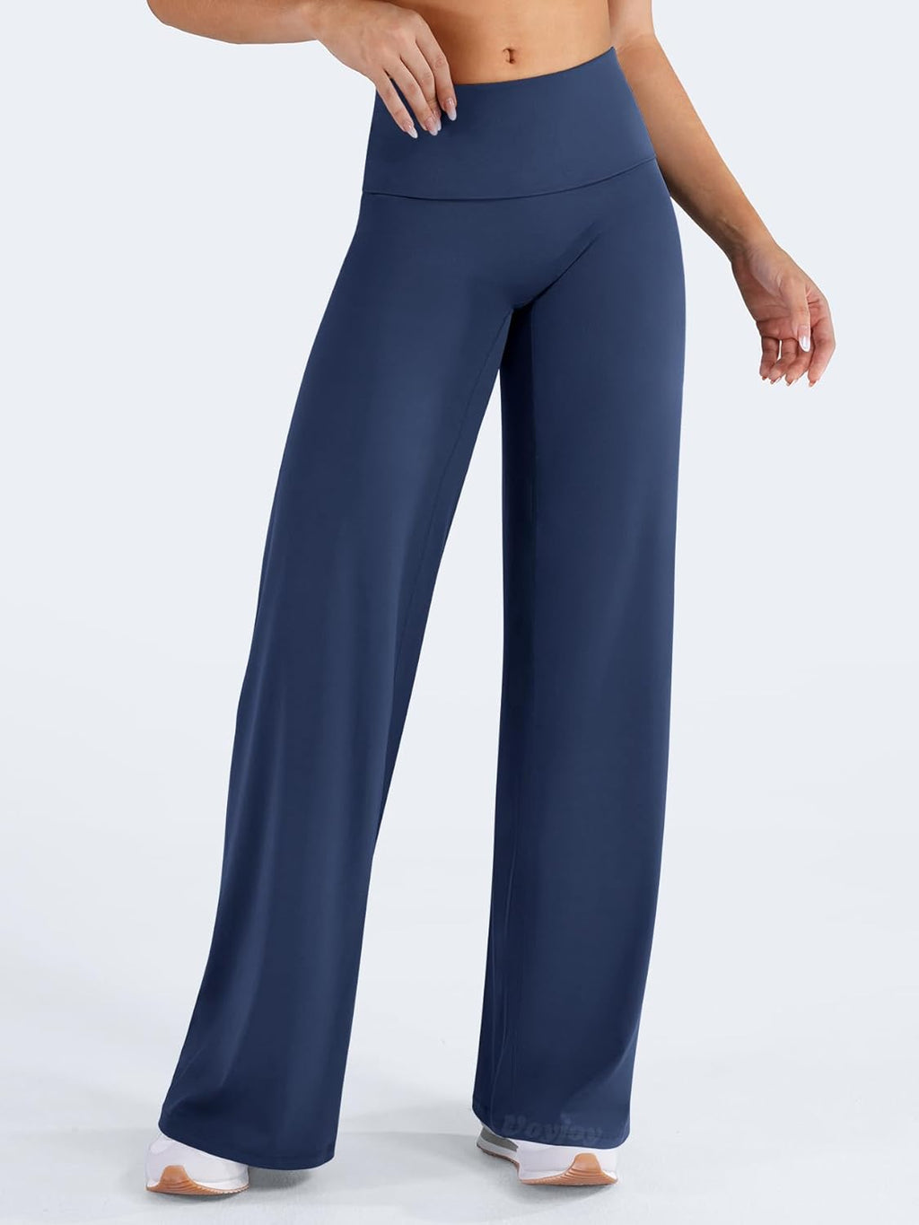 VOYJOY Women's Fold Over Straight Leggings - No Front Seam, Mid Low Waist, 31.5" Stretch Yoga Pants