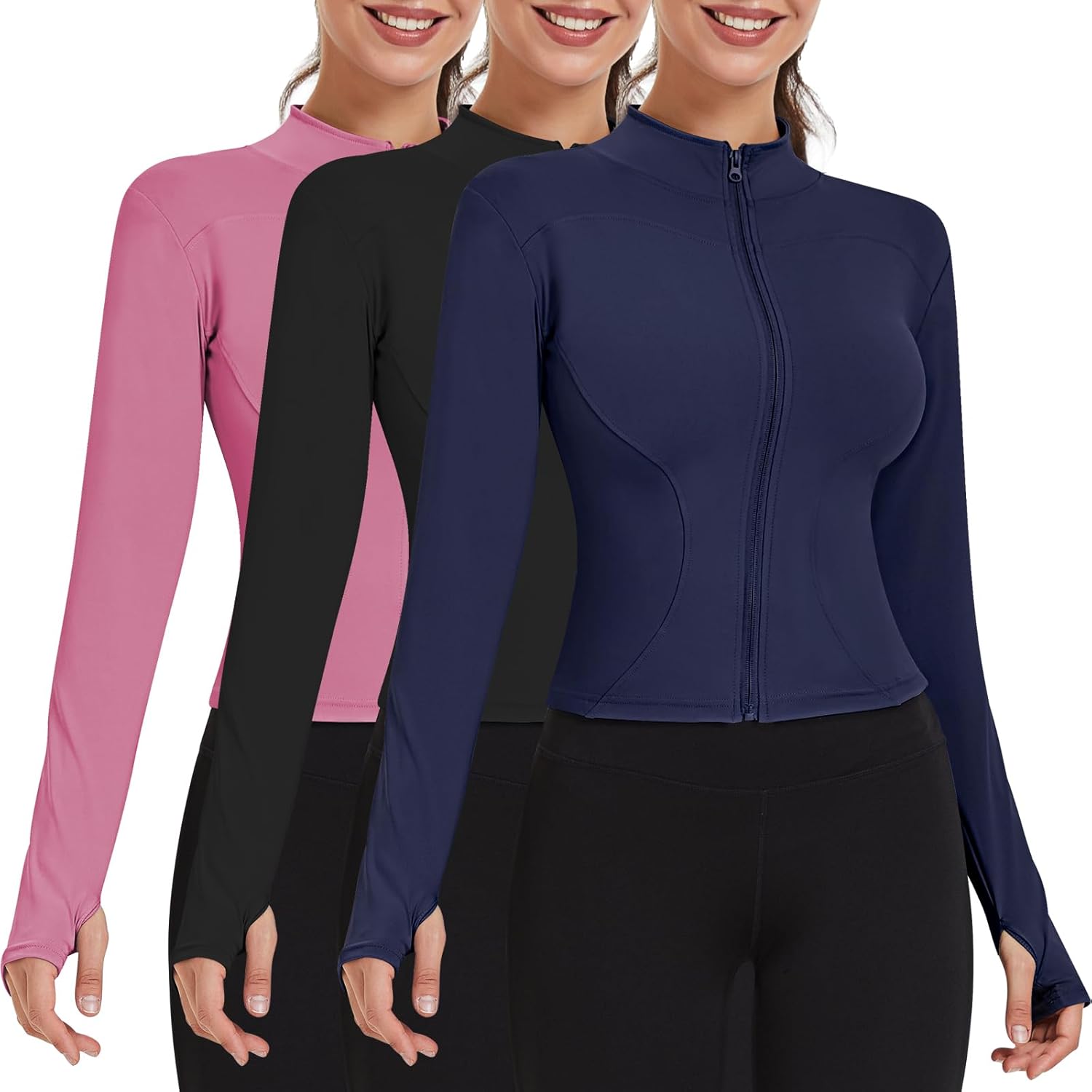 Shyyween Women's Workout Jacket - Slim Fit Cropped Zip-Up Athletic Top with Thumb Hole | 3 Pack