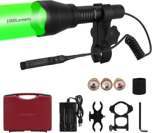 LUMENSHOOTER A10 Green Hunting Light - 1000 Lumens Zoomable Flashlight with Rubber Halo Shield | Red & White IR Torch for Predators