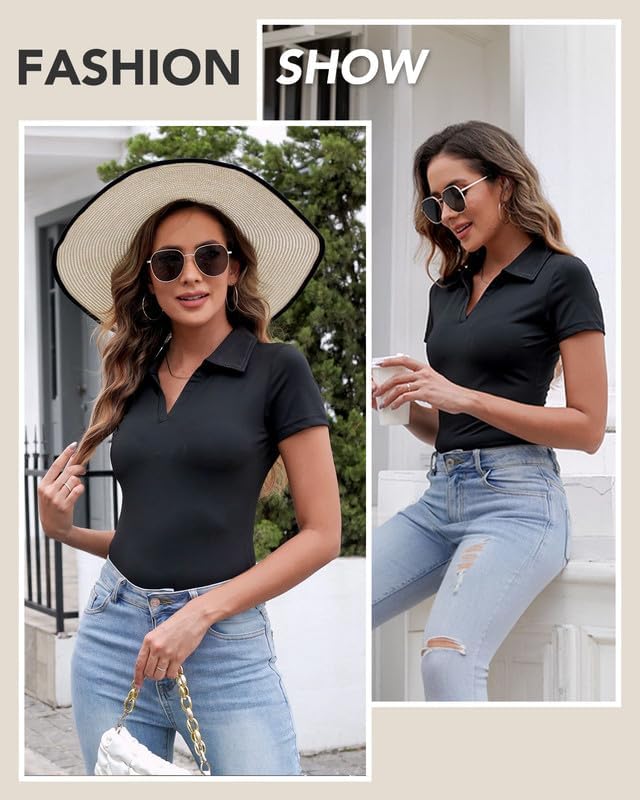SHAPERIN Women's V-Neck Polo Bodysuit - Slim Fit, Versatile Style for Any Occasion | Long & Short Sleeves