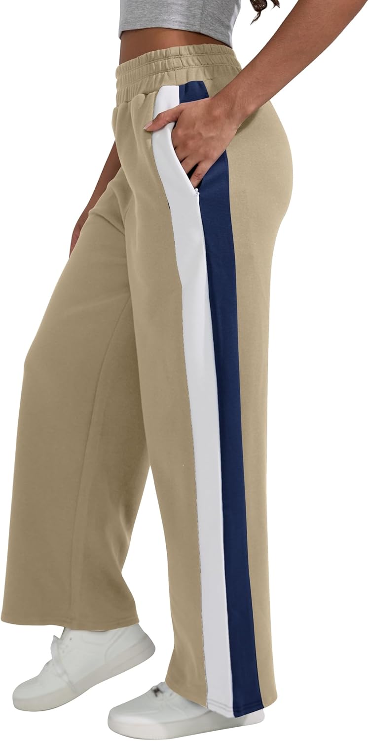 Skiennix Women's Wide Leg Sweatpants - High Waisted Baggy Fit with Pockets & Side Stripes