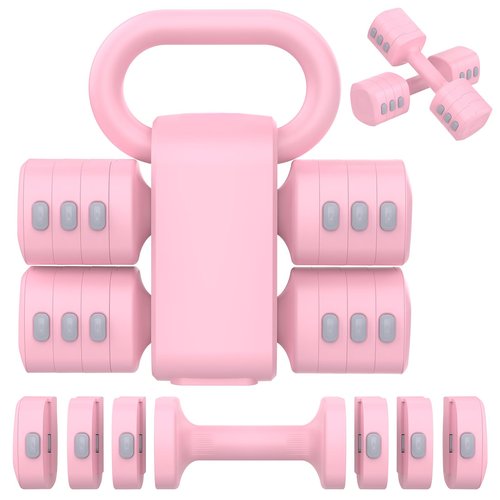 Hezeyferg 2-in-1 Adjustable Dumbbells Set, 4 Levels Weight Dumbbells Set for Women Men, Each 2.2/3.3/4.4/5.5lb Hand Weights with Kettlebell Form for Home Gym Exercise Training (Pink)