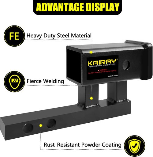 KAIRAY 1-1/4 inch to 2 inch Hitch Adapter Trailer Hitch Extension Riser with 4 inch Rise and 3-3/8 inch Drop for Class I and Class II Receivers