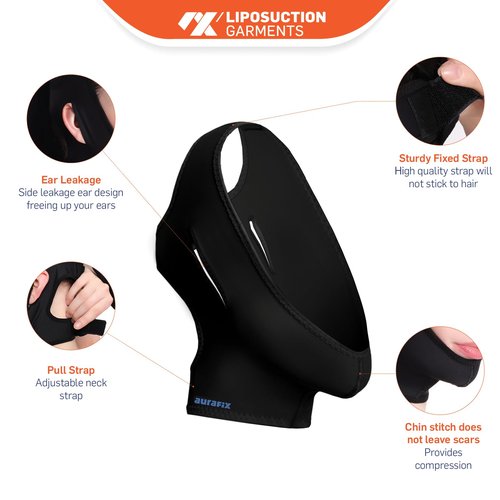 Post Surgical Chin Strap Bandage for Women - Neck and Chin Compression Garment Wrap - Chin Lipo Compression Garment, Jowl Tightening, Chin Lifting (Large- Black)