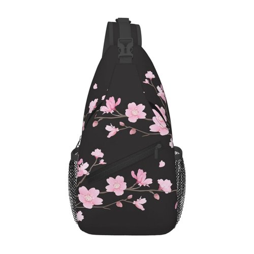 SURERUIM Cherry Blossom Sling Bag Abstract Japanese Pink Flowers and Petals on Branch Crossbody Backpack Cute Floral Print Chest Shoulder Bag Casual Sports Travel Hiking Daypack for Women Men