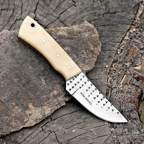 Handmade 7-Inch Fixed Blade Cow Boy Knife Damascus Steel with Camel Bone Handle & Leather Sheath - SUSA 116