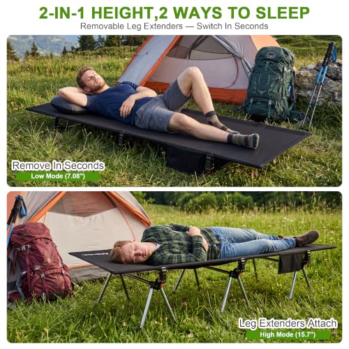 Height Adjustable Camping Cot - Heavy-Duty Aluminum Frame, 75"L x 27.5"W, Black
