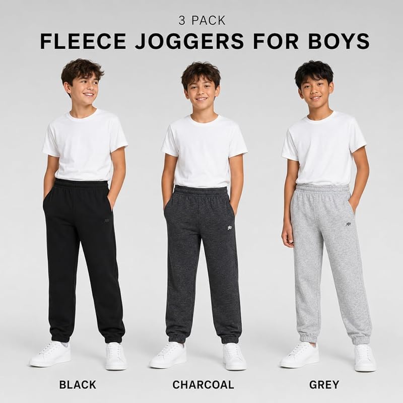 AeroPostale Boys Fleece Joggers 3-Pack - Grey Heather, Charcoal Heather, Black 14-16