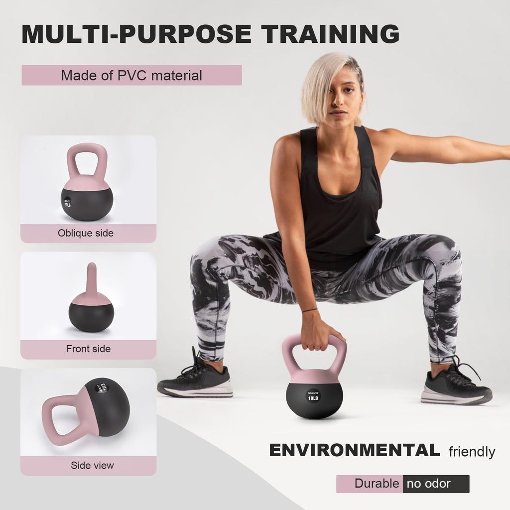 NEALFIT Soft Kettlebell 5LB/10LB/15LB/20LB/25LB, Kettlebells for Home Gym Strength Training, Anti-Slip Fitness Weights for Men Women (5LB Pink-Graphite Black)