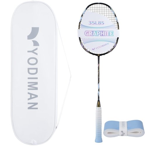 YODIMAN Single Professional Badminton Racket for Advanced Players - 50T Graphite Carbon Fiber with Aerodynamic Frame, Pre-Strung 26lbs, Ultra-Light 5U for Club & Tournament