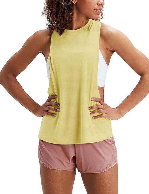 Hanyomo Womens Workout Fitness Tank Tops Cropped Sleeveless Gym Yoga Running Athletic Shirts Yellow L