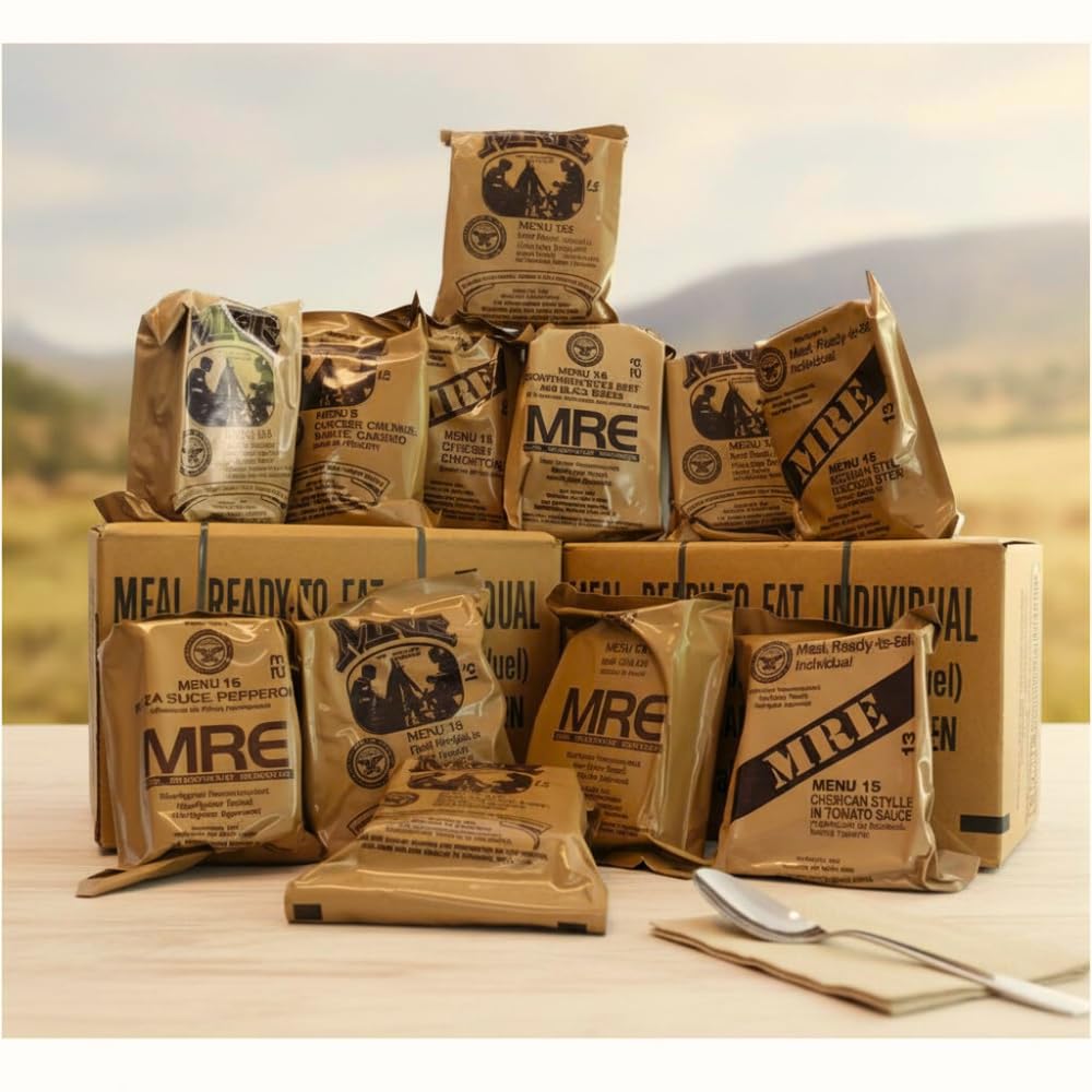 MRE Meals Ready to Eat A and B bundle cases 2027 or 2028 inspection. Genuine Military US surplus emergency food bulk supply full box with heater