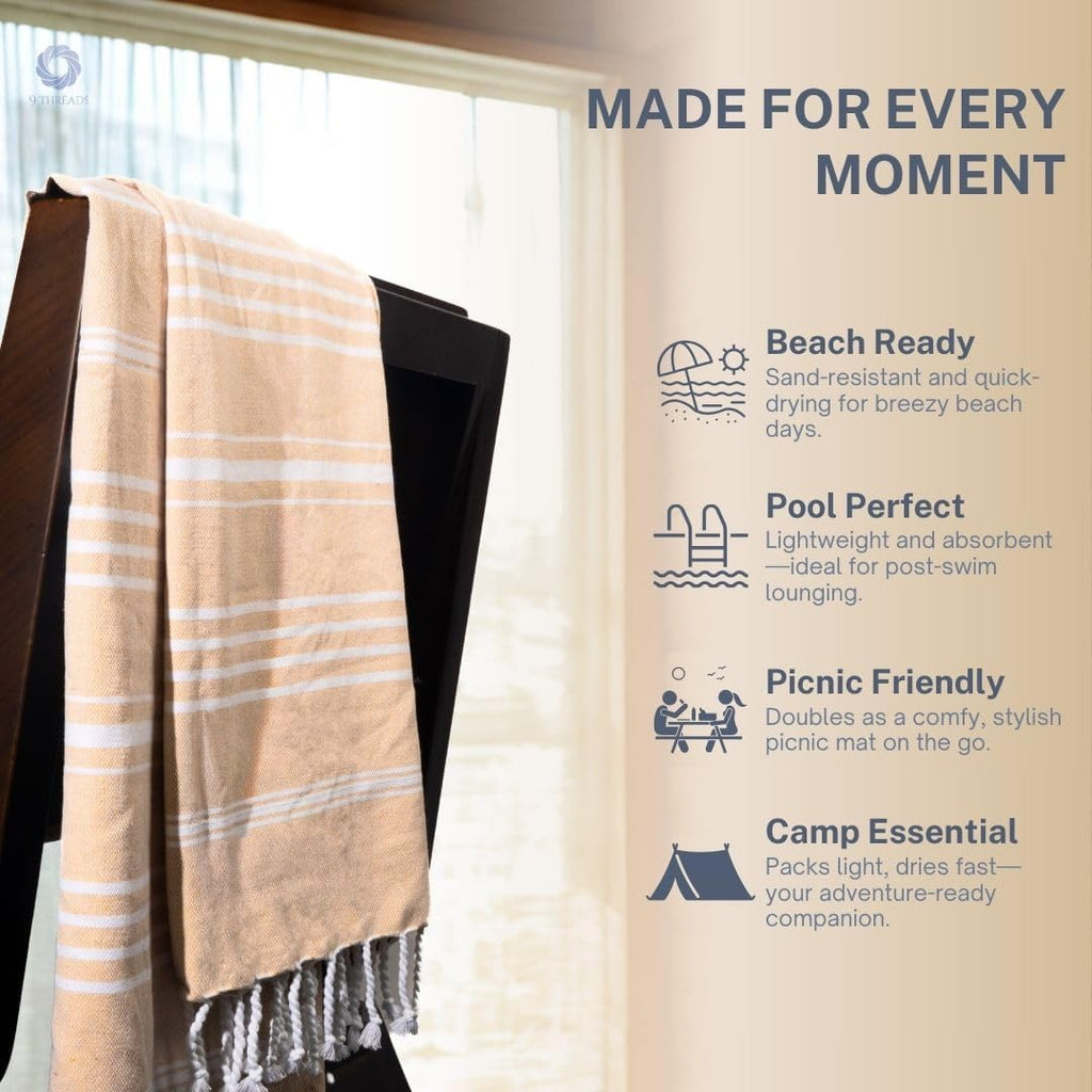 Skiennix Oversized Cotton Turkish Beach Towel - Quick Dry, Absorbent, Extra Large | Desert Sand, 36"x72", 4 Pack
