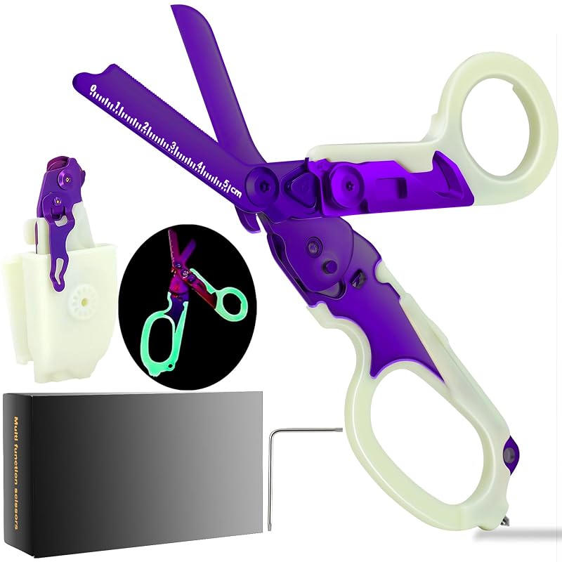 Trauma Shears 6-in-1 Foldable Medical Scissors with Holster, 420HC Steel, Glow Purple - Luminous Purple