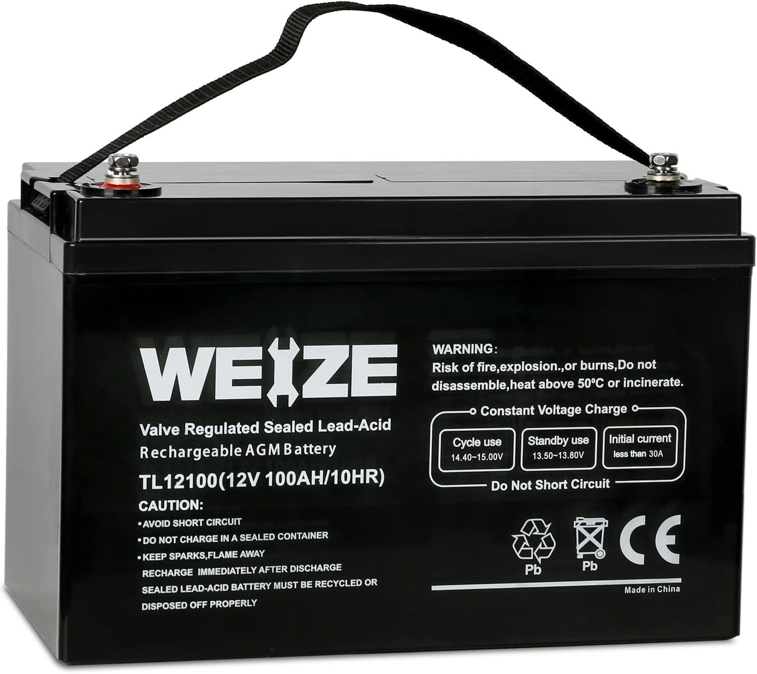 Weize Deep Cycle AGM Battery - 12 Volt 100Ah | Maintenance-Free, 1150A Max Discharge for RV & Solar