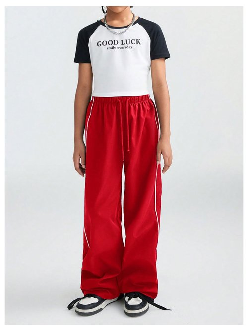 RoseSeek Girl's Wide Leg High Waist Sweatpants Side Striped Extra Long Baggy Track Pants Trousers Red 12Y