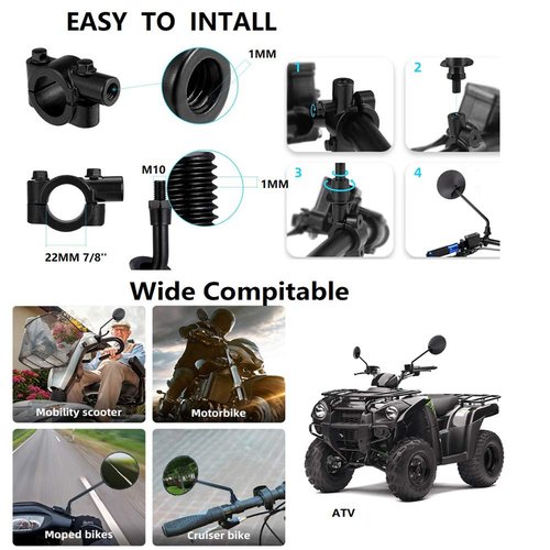 Motorcycle Side Mirror Round 10 mm Black Handlebar Mirror for Motorcycle Bicycle