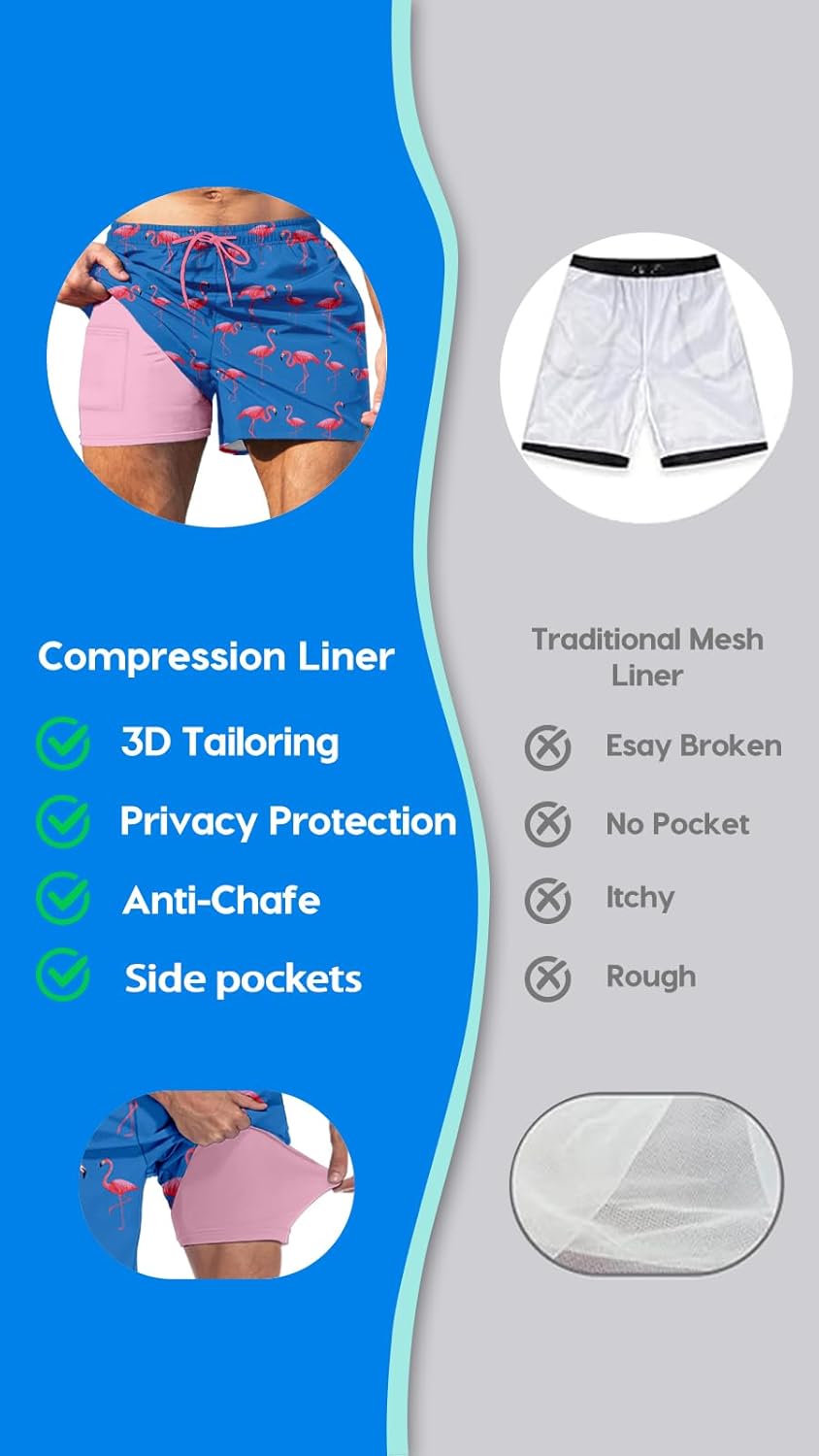 TENGINE Men's Swim Trunk 5" with Compression Liner 5 Inch Quick Dry Board Shorts Zipper Pocket