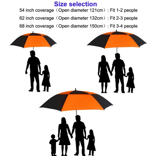 Doubwell Vented Golf Umbrella 54/62/68 Inch Automatic Extra Large Windproof Oversize Stick Rain Umbrellas For Man and Woman Can Shade For Golfer And Family (Black/Orange, 54 Inch)