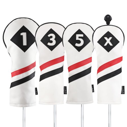 Majek Retro Golf Headcovers White Red and Black Vintage Leather Style 1 3 5 X Driver Fairway and Hybrid Head Covers Fits 460cc Drivers Classic Look
