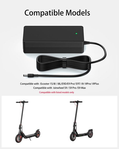 VHBW 42V 2A Charger for iScooter i9, i9 Pro, i8, i8L, 1S Electric Scooter Charger Compatible with isinwheel S9/S9 Pro/S9 Max (Fits 36V Lithium Battery Scooters)