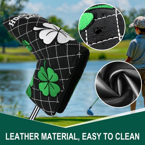 PINMEI Golf Head Covers Blade Putter Cover Blade Headcover Magnetic Embroidered Four-Leaf Clover Design Synthetic Lether Fit for Titleist Callaway Ping Taylormade Cobra Ect.