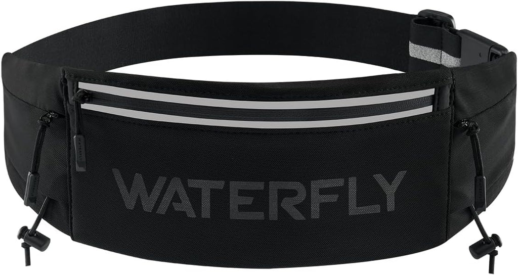 WATERFLY Running Belt - Breathable Fanny Pack with 3 Pockets for Fitness | Fits All Phones - Black