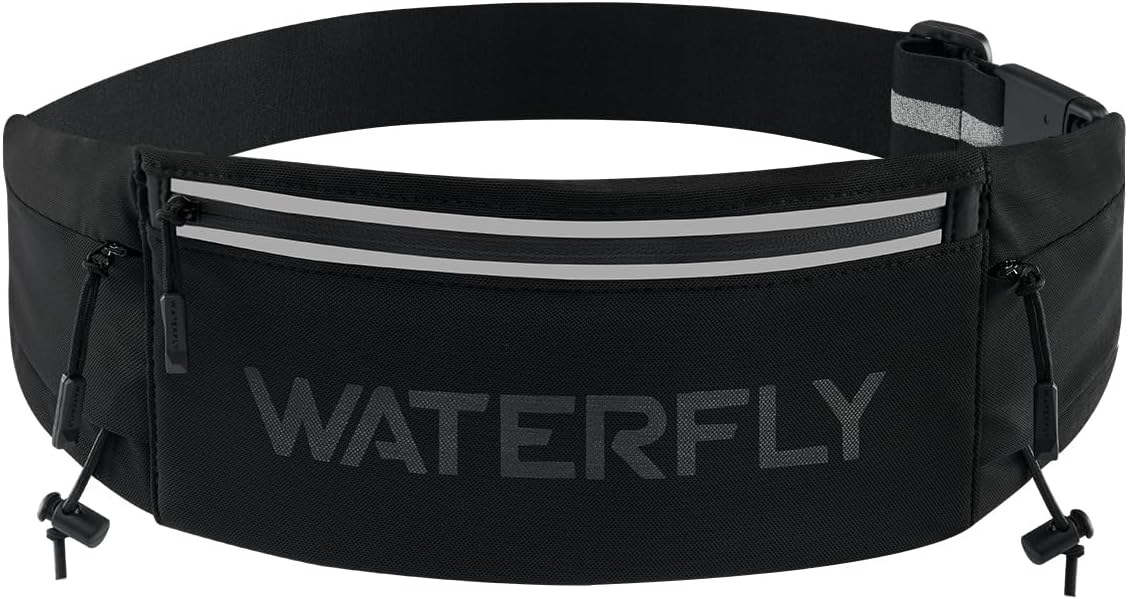 WATERFLY Running Belt - Breathable Fanny Pack with 3 Pockets for Fitness | Fits All Phones - Black