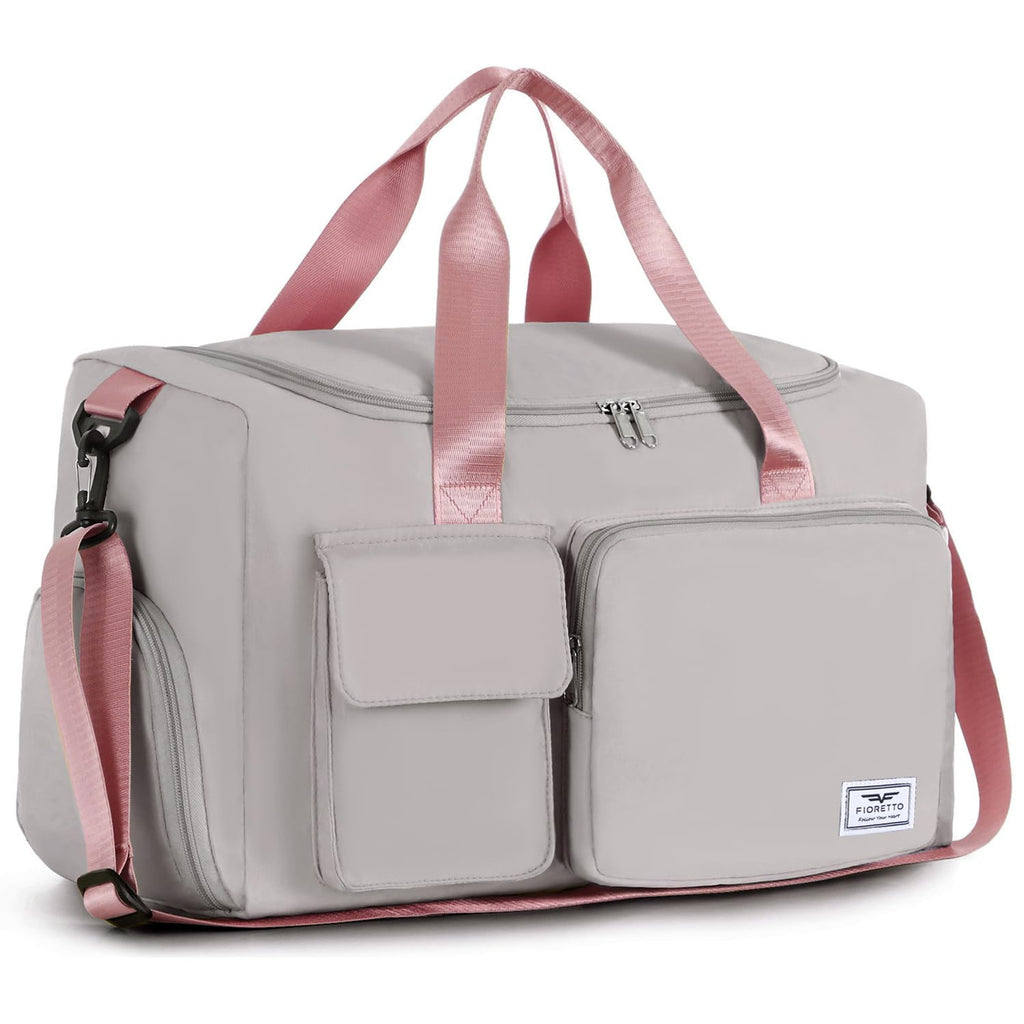 FIORETTO Women's Gym Duffle Bag with Shoes Compartment, 30L Capacity, Ideal for Travel, Gym, Sports, Duffel, Weekender, Grey & Pink