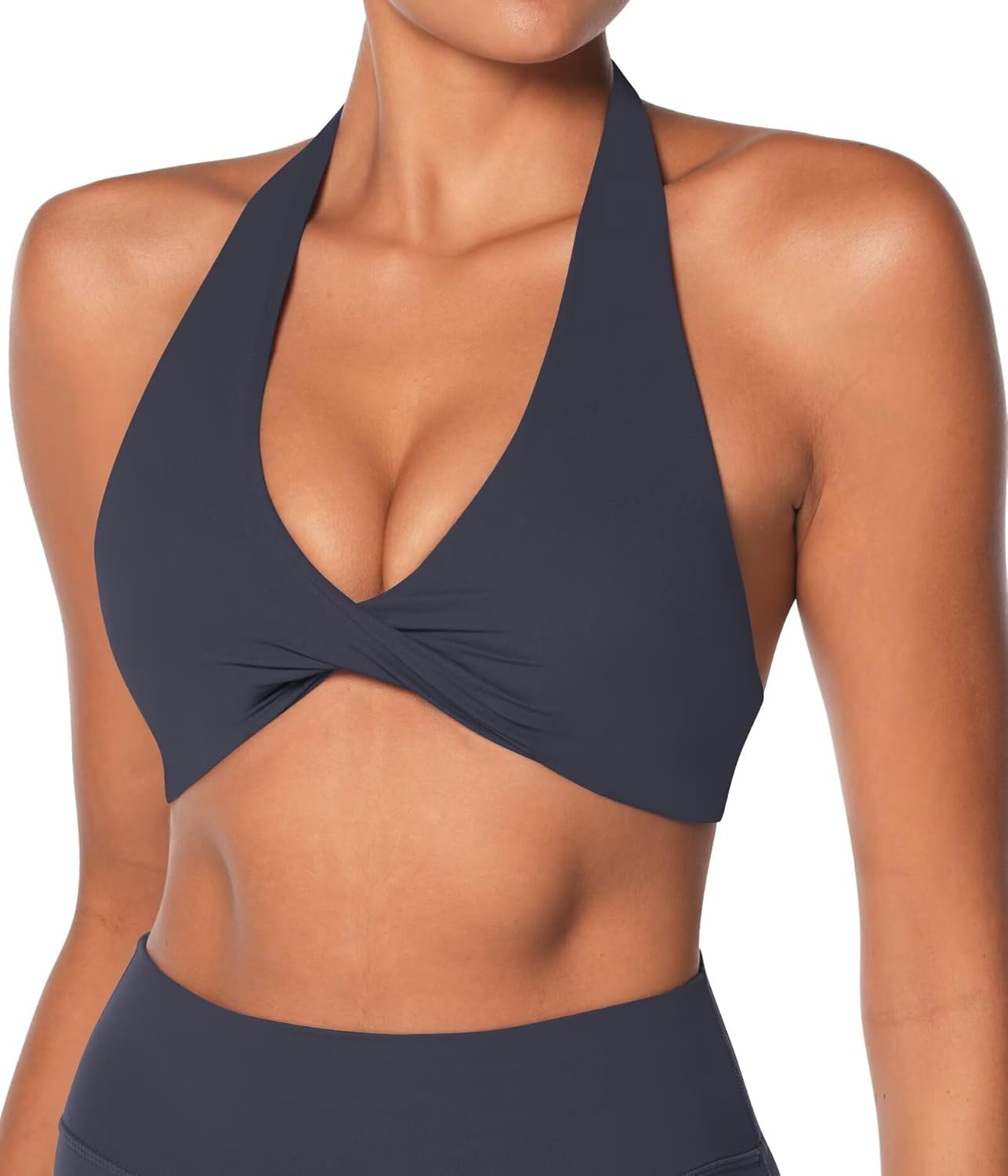 Sunzel Women's Sports Bra - Halter Neck Twist Front Yoga Crop Top with Removable Pads | Open Back V Neck