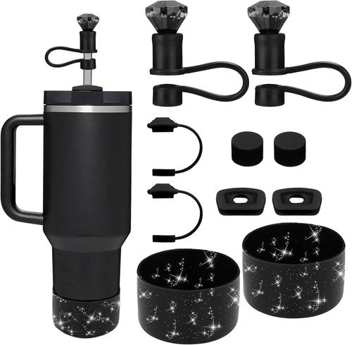 Mity Rain Stanley Cup Accessories Set - 2 Straw Toppers, 4 Silicone Spill-Proof Stoppers & 2 Glitter Boot Covers - Fits 30/40 OZ