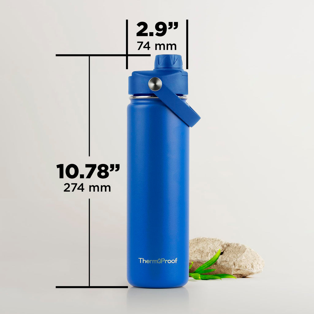 ThermoProof Double-Walled Vacuum Insulated Stainless Steel Water Bottle - Wide Mouth with Chug & Spout Lids, Dishwasher Safe, Reusable, Leakproof, Hot & Cold for Men, Women & Kids - 22oz, Blue